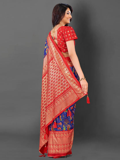 Women's Cotton Blend Blue Printed Designer Saree With Blouse Piece
