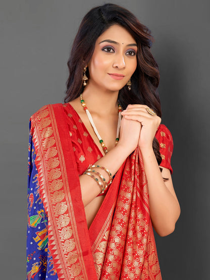 Women's Cotton Blend Blue Printed Designer Saree With Blouse Piece