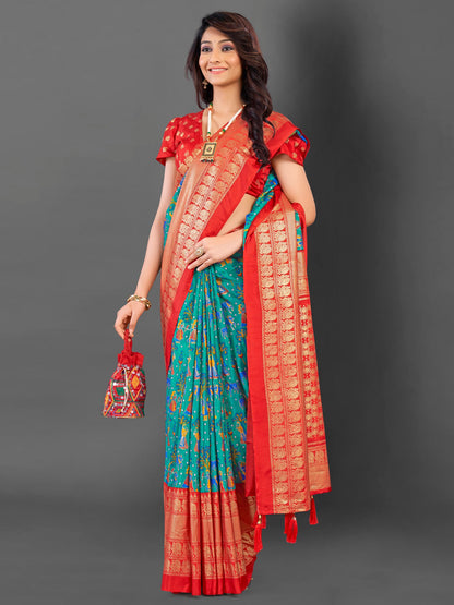 Women's Cotton Blend Light Blue Printed Designer Saree With Blouse Piece