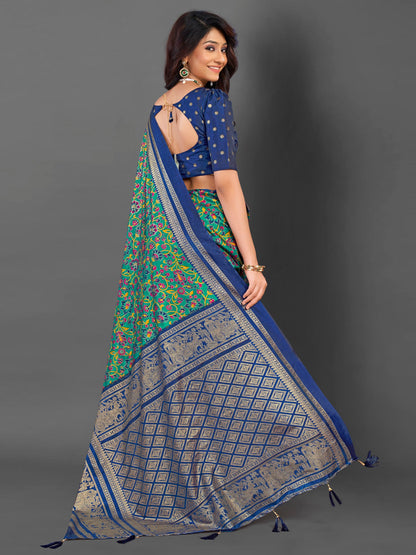 Women's Cotton Blend Teal blue Printed Designer Saree With Blouse Piece