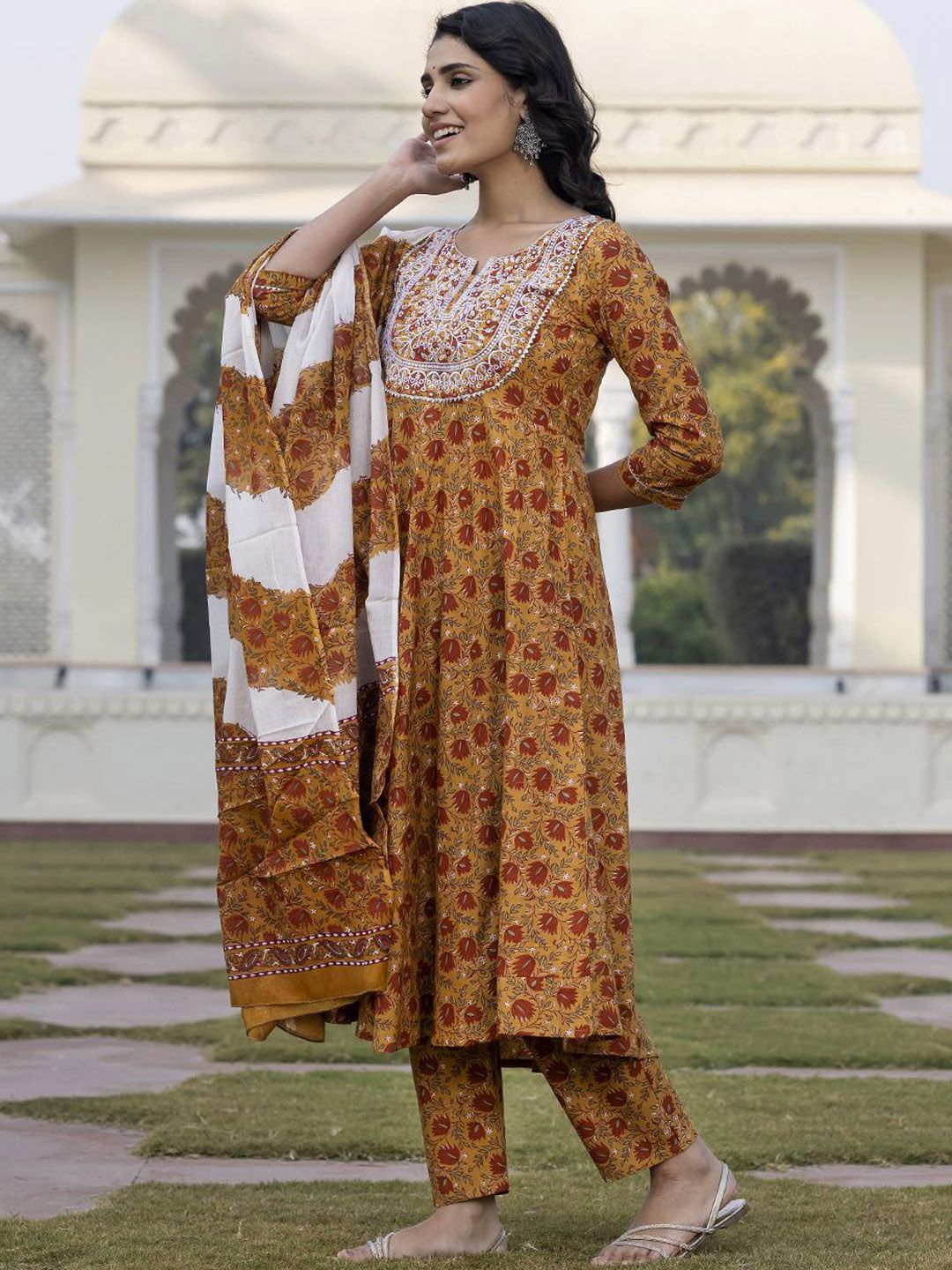 Dhiyona KL Floral Printed Thread Work Pure Cotton Anarkali Kurta With Trouser & Dupatta