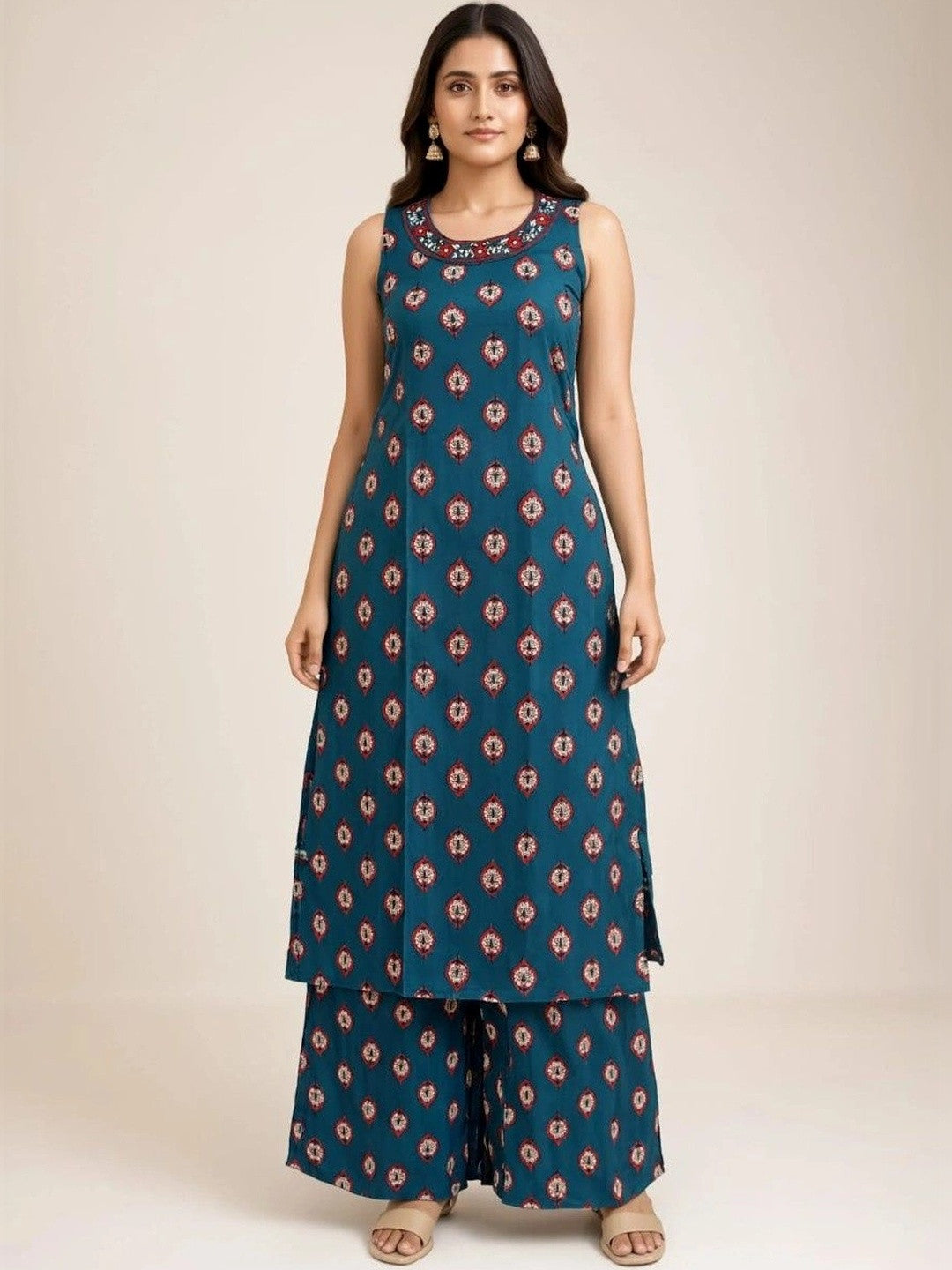 Dhiyona SN Women Ethnic Motifs Printed Regular Thread Work Pure Cotton Kurta with Palazzos