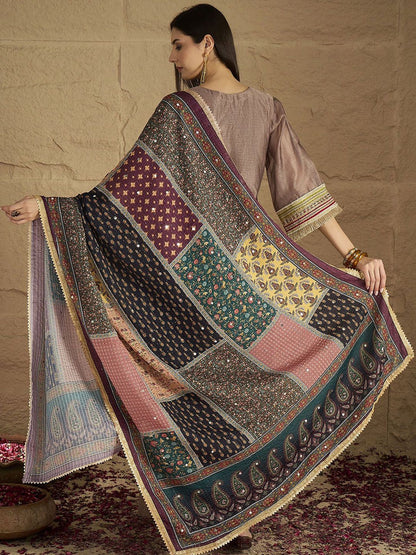Dhiyona VA Ethnic Motifs Yoke Design V-Neck Straight Kurta With Palazzos & Dupatta