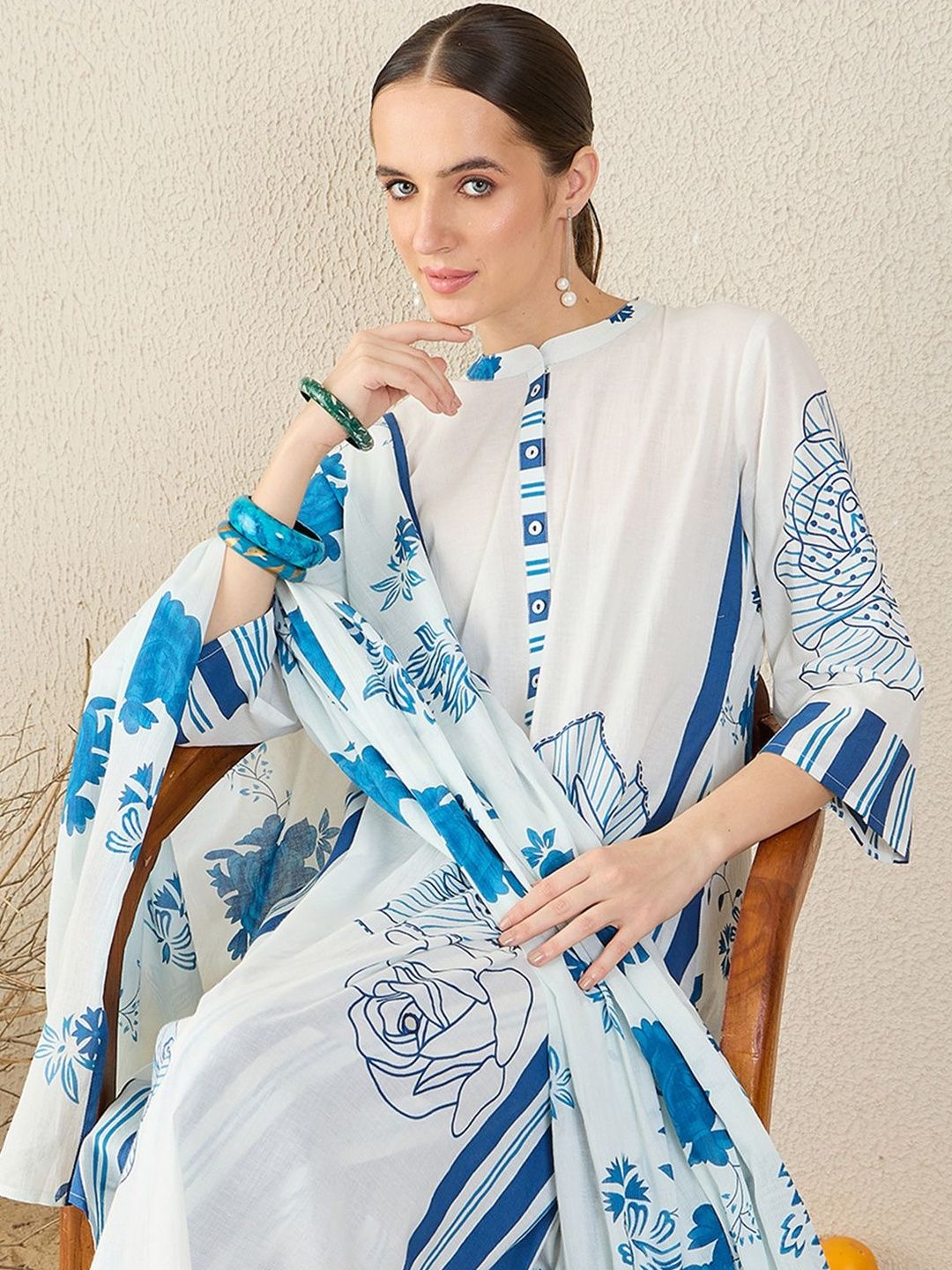 Floral Printed Pure Cotton Kurta With Trouser & Dupatta