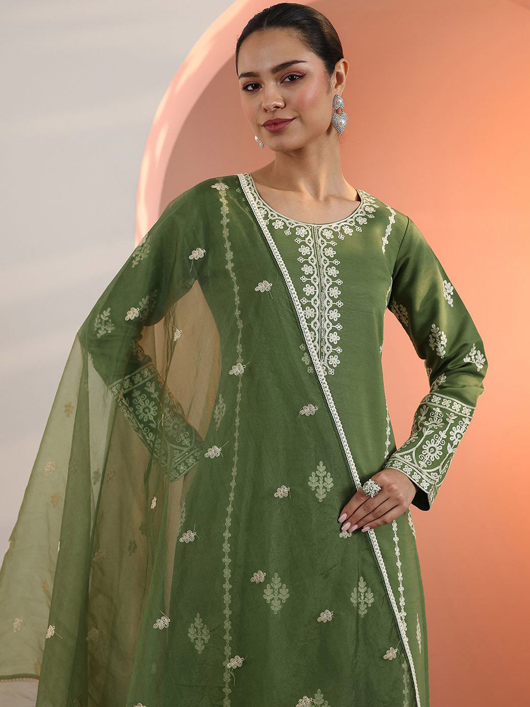Floral Embroidered Straight Kurta With Trousers & Dupatta