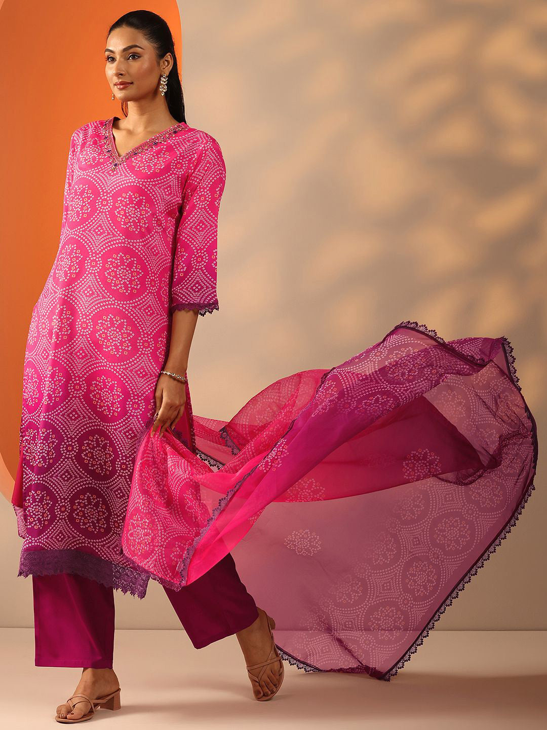 Bandhani Printed V-Neck Sequinned Straight Kurta With Trouser And Dupatta
