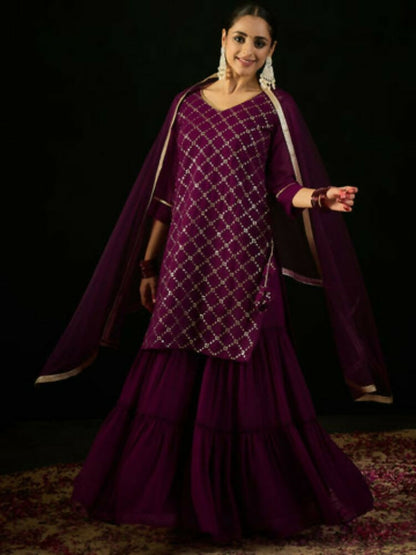 Women's Burgundy Embroidered Straight Kurta Sharara With Dupatta set