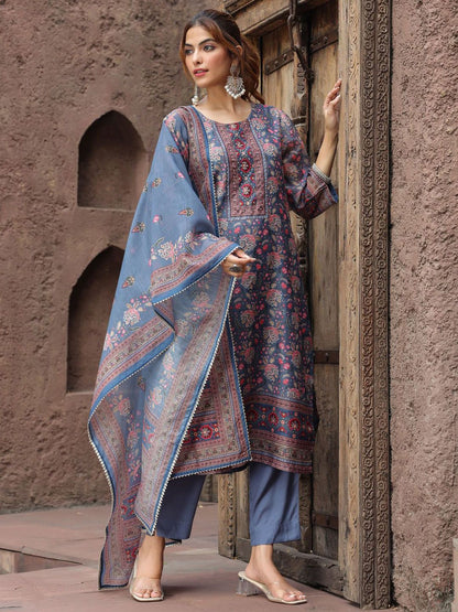 Dhiyona RR Women's Floral Printed Beads And Stones Straight Kurta With Trousers & Dupatta