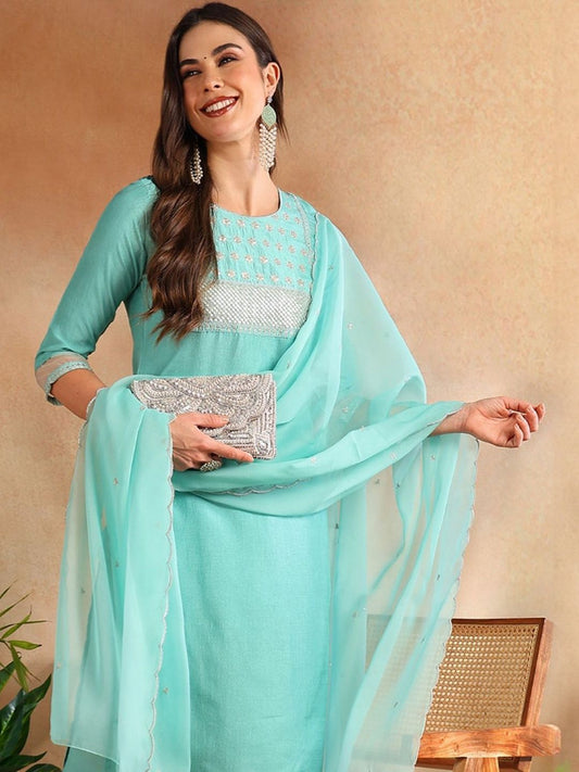 Dhiyona KL Ethnic Motifs Embroidered Regular Thread Work Kurta with Trousers & With Dupatta