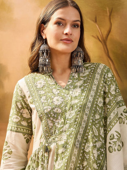 Dhiyona SN Women's Women's Pista Green Block Printed Cotton Anarkali Kurta Pant Dupatta Set