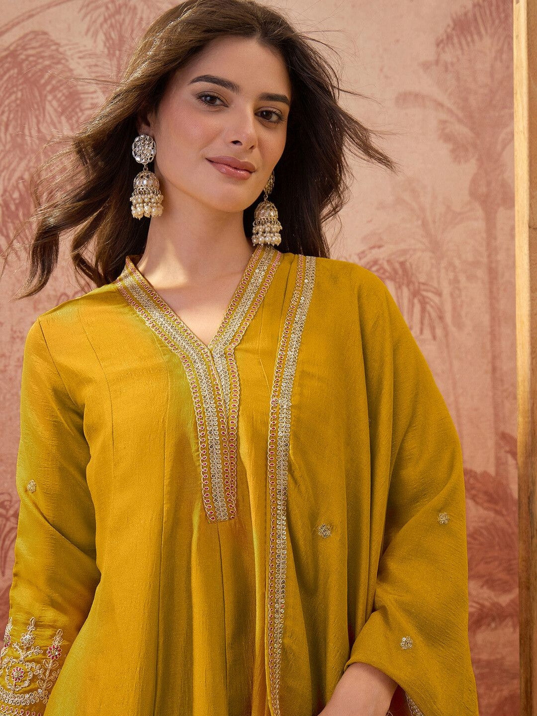 Embroidered V-Neck Kurta & Sharara With Dupatta