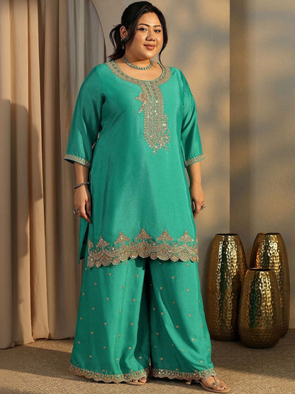 Dhiyona Women's Plus Size Ethnic Motifs Embroidered Kurta with Palazzo & Dupatta