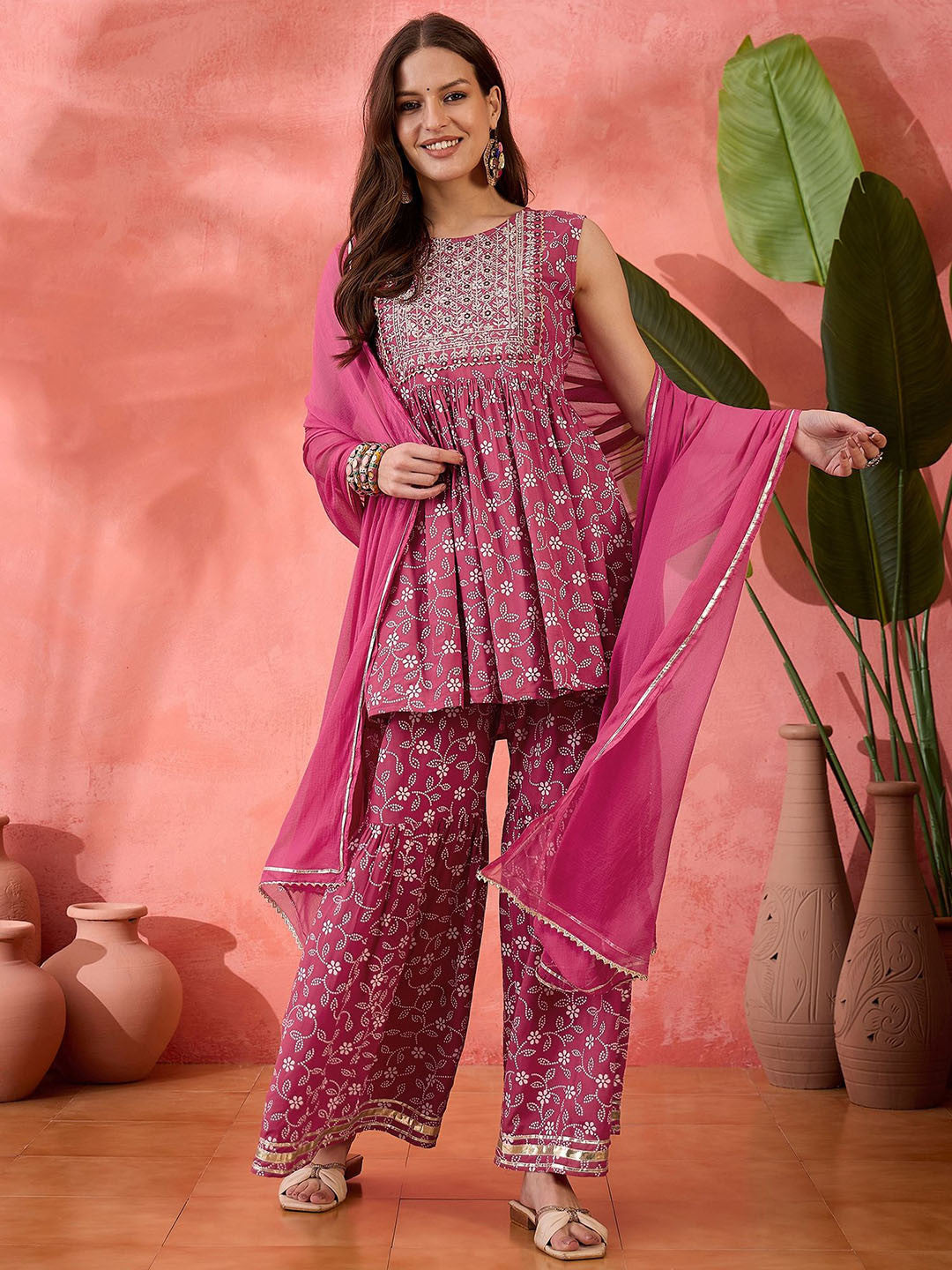 Pink Floral Embroidered Sleeveless Anarkali Kurti With Sharara And Dupatta