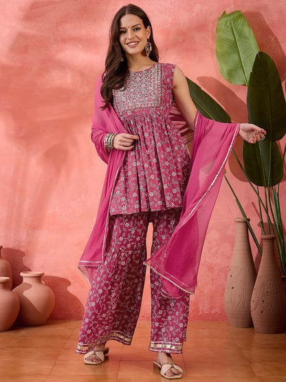 Pink Floral Embroidered Sleeveless Anarkali Kurti With Sharara And Dupatta
