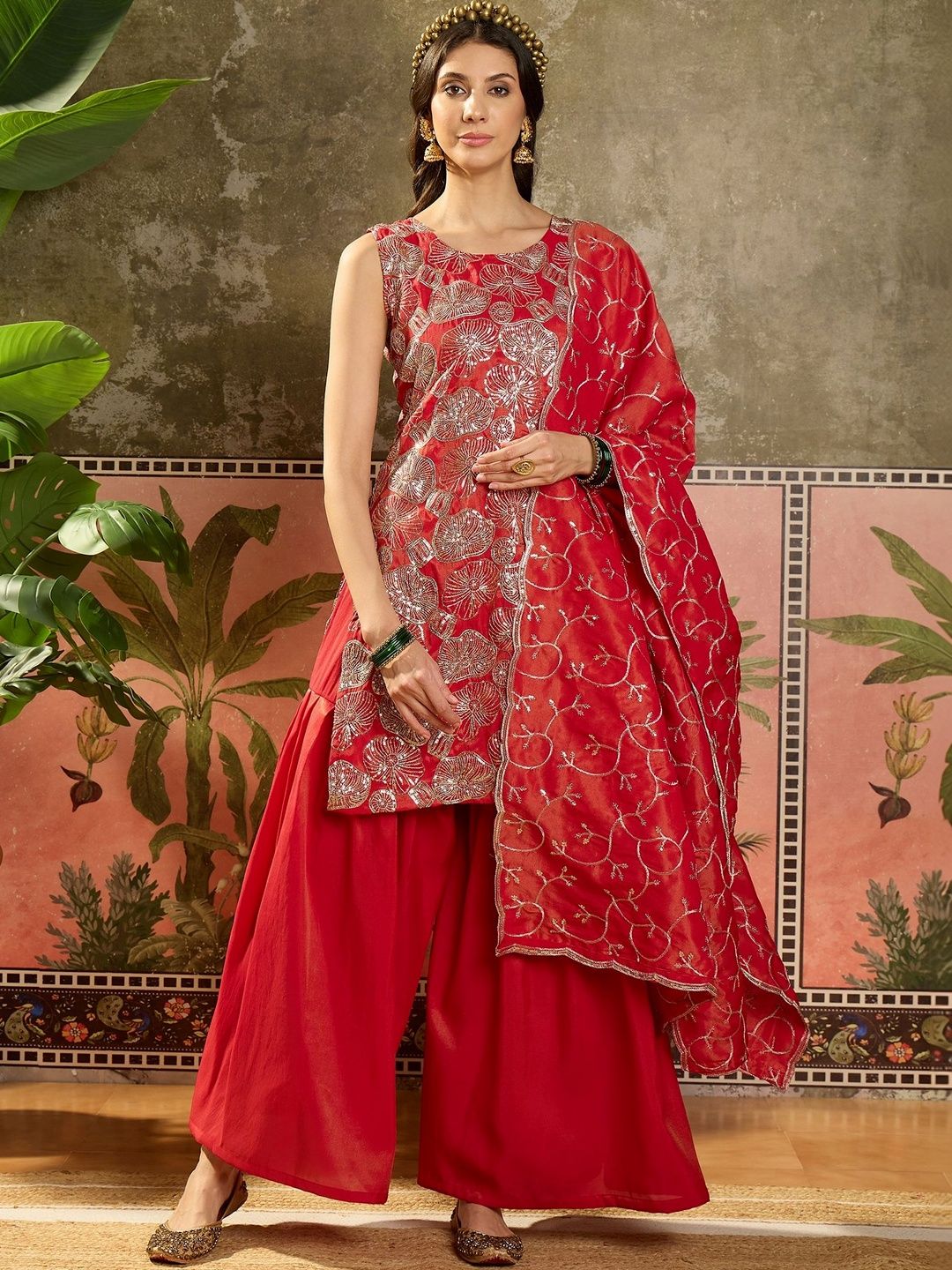 Dhiyona SN Embroidered Round Neck Straight Kurti & Sharara With Dupatta