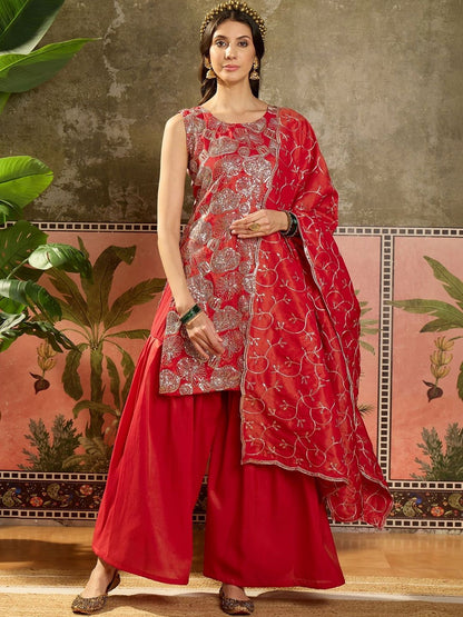 Dhiyona SN Embroidered Round Neck Straight Kurti & Sharara With Dupatta