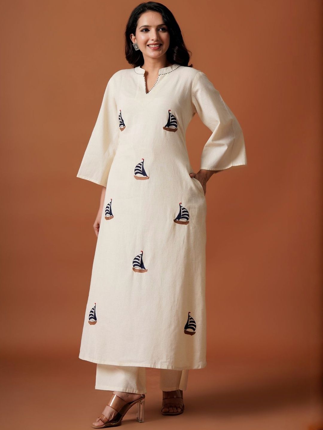 Dhiyona IE Women Embroidered A-Line Thread Work Pure Cotton Kurta with Palazzos