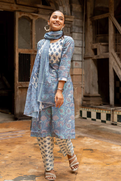 Dhiyona KL Floral Printed Round Neck Sequinned Pure Cotton Kurta With Trousers & Dupatta