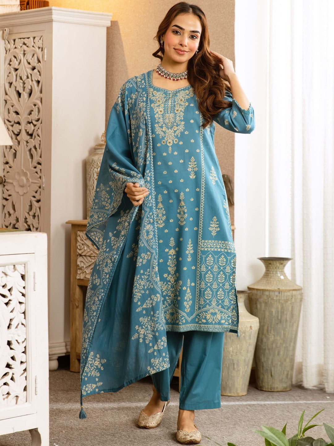 Printed Cotton Sweetheart Neck Kurta & Trousers with Dupatta