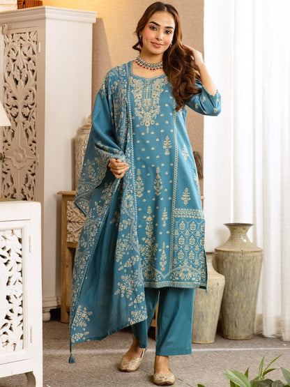 Printed Cotton Sweetheart Neck Kurta & Trousers with Dupatta