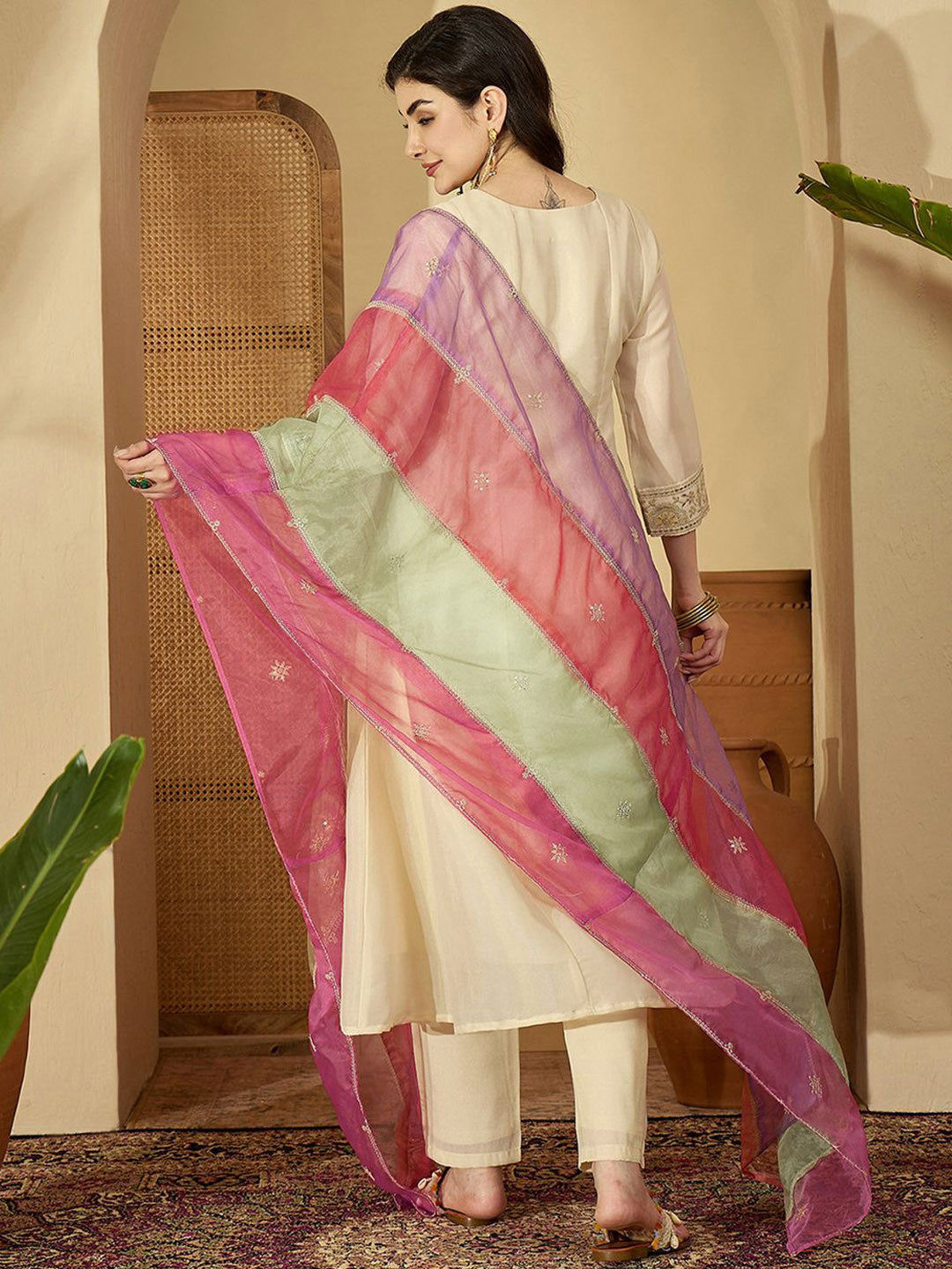 Women Ethnic Motifs Embroidered Round Neck Sequinned Kurta Trouser With Dupatta
