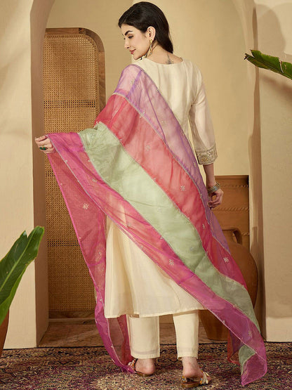 Women Ethnic Motifs Embroidered Round Neck Sequinned Kurta Trouser With Dupatta