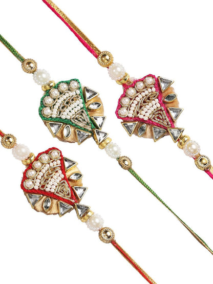 Dhiyona Red Set Of 3 Beaded & Embellished Thread Rakhi With Roli Chawal & Greeting Card