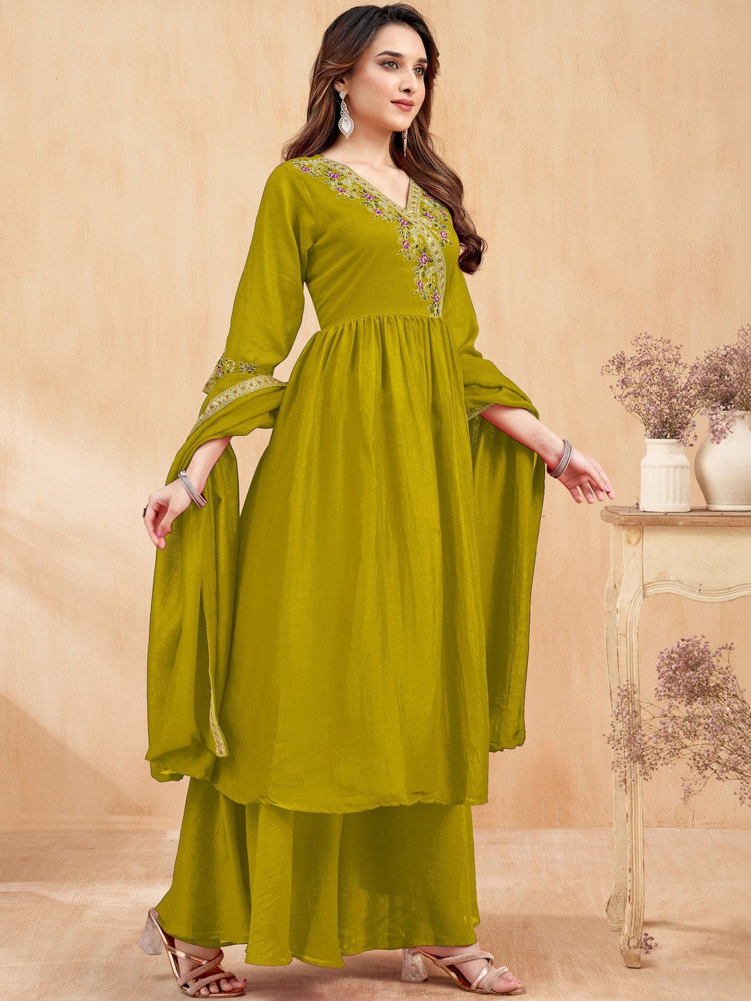 Embroidered V-Neck Kurta Trousers & Dupatta