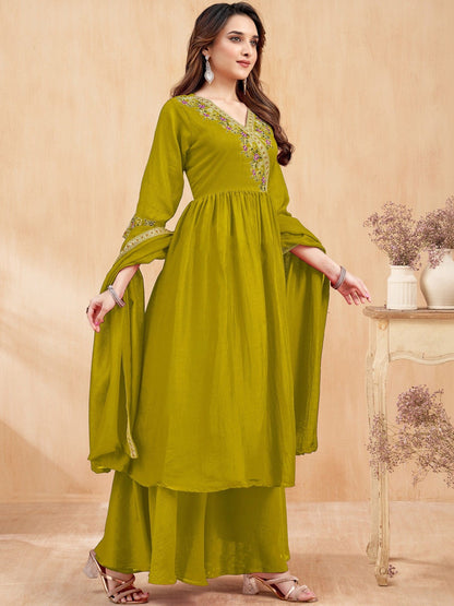 Embroidered V-Neck Kurta Trousers & Dupatta