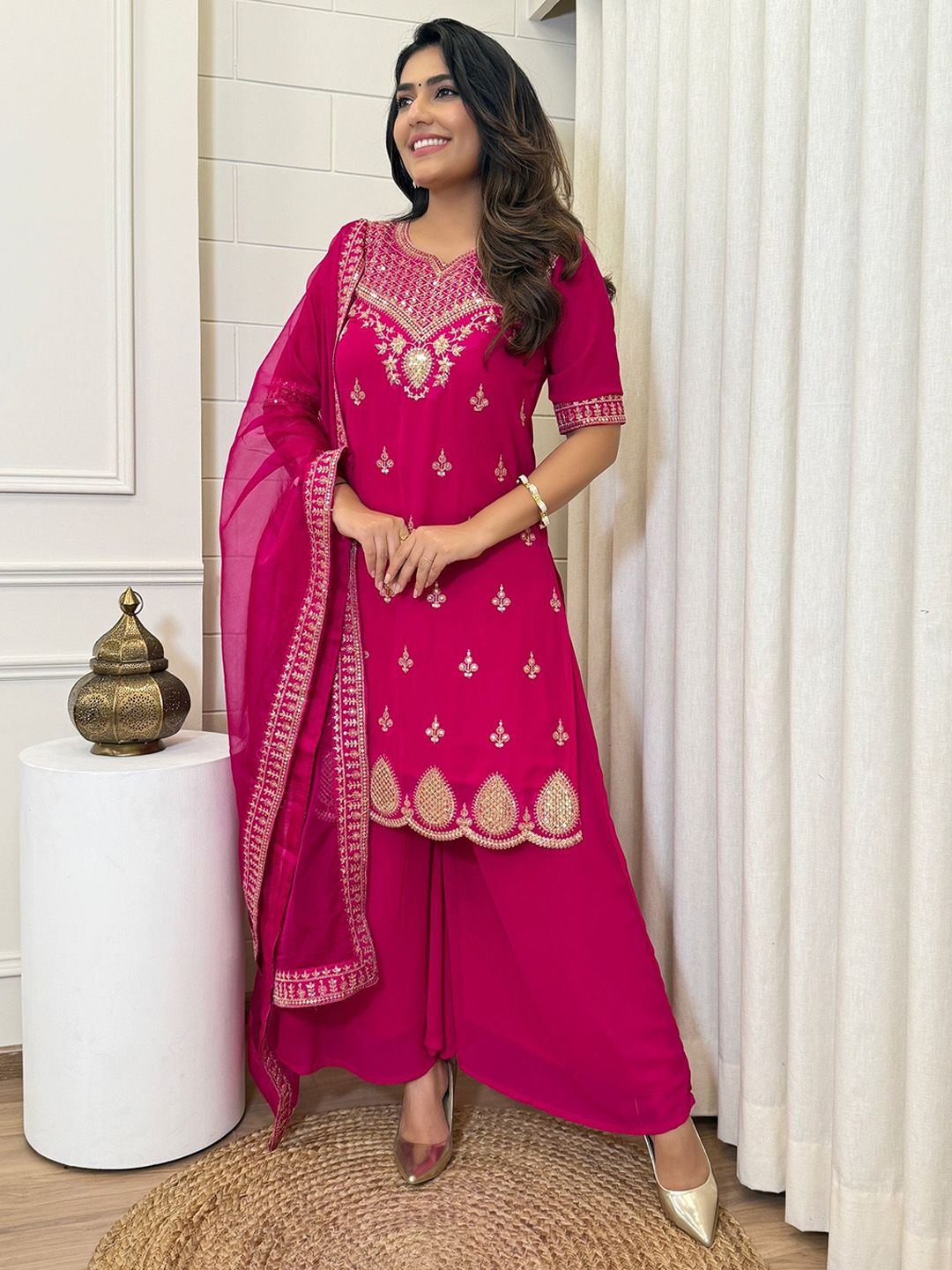 Dhiyona KL Ethnic Motifs Embroidered Notch Neck Thread Work Kurta With Sharara & Dupatta