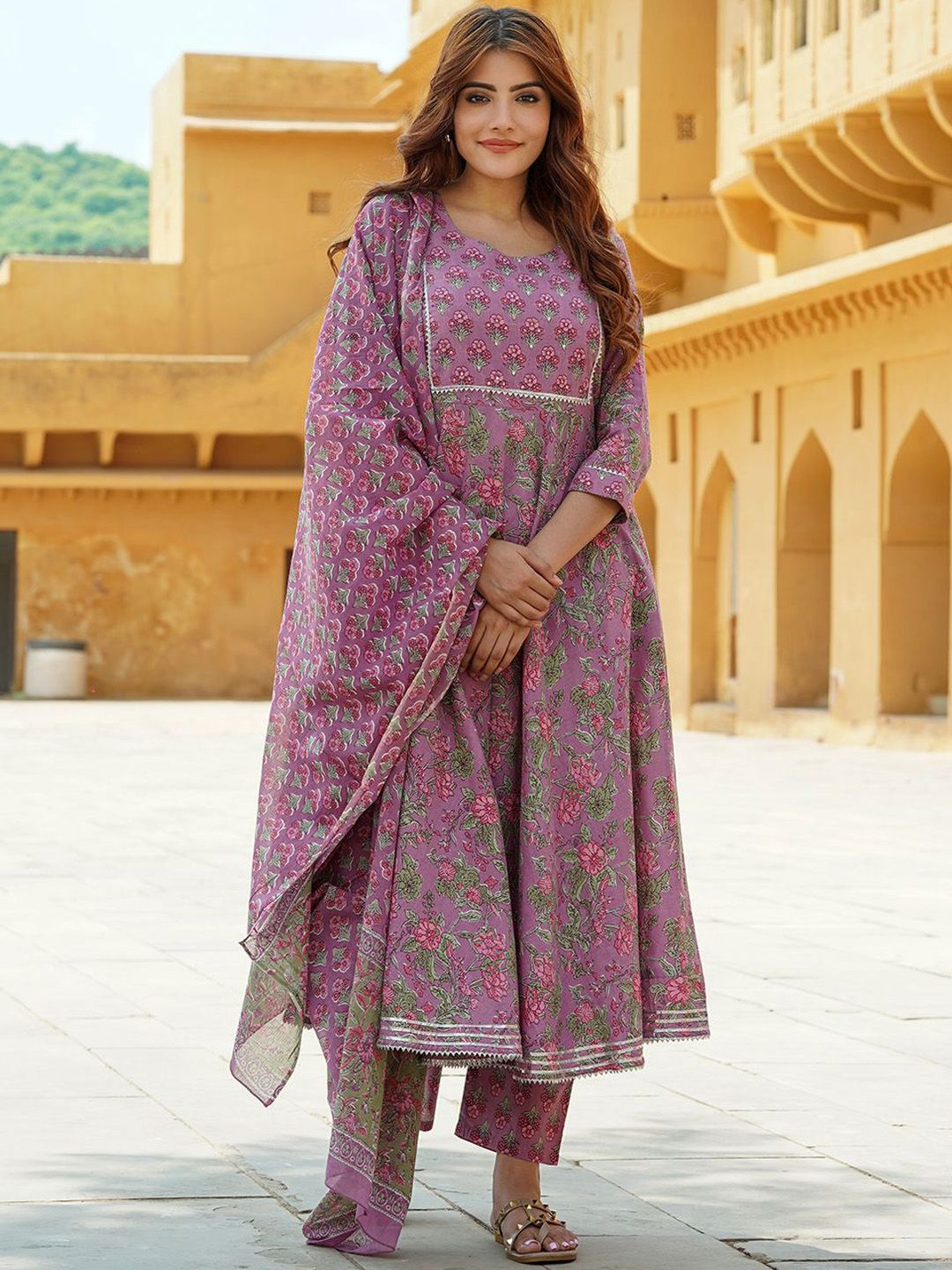 Dhiyona KL Floral Printed Gotta Patti Pure Cotton Anarkali Kurta With Trousers & Dupatta