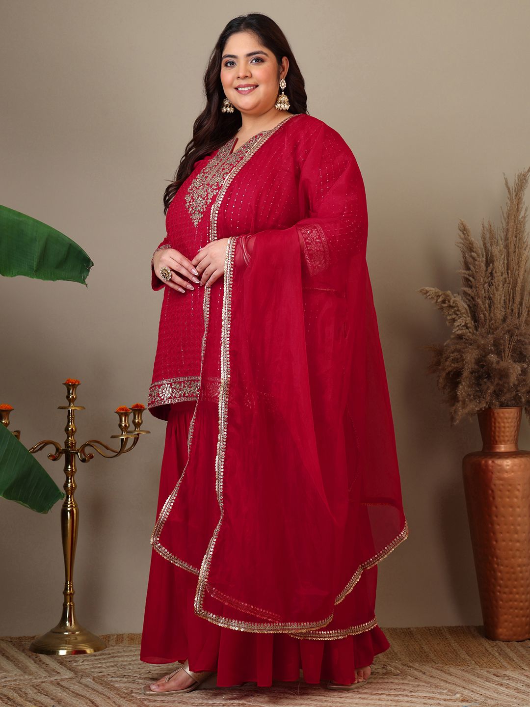 Dhiyona IN Women Ethnic Motifs Embroidered Regular Kurta with Sharara & With Dupatta