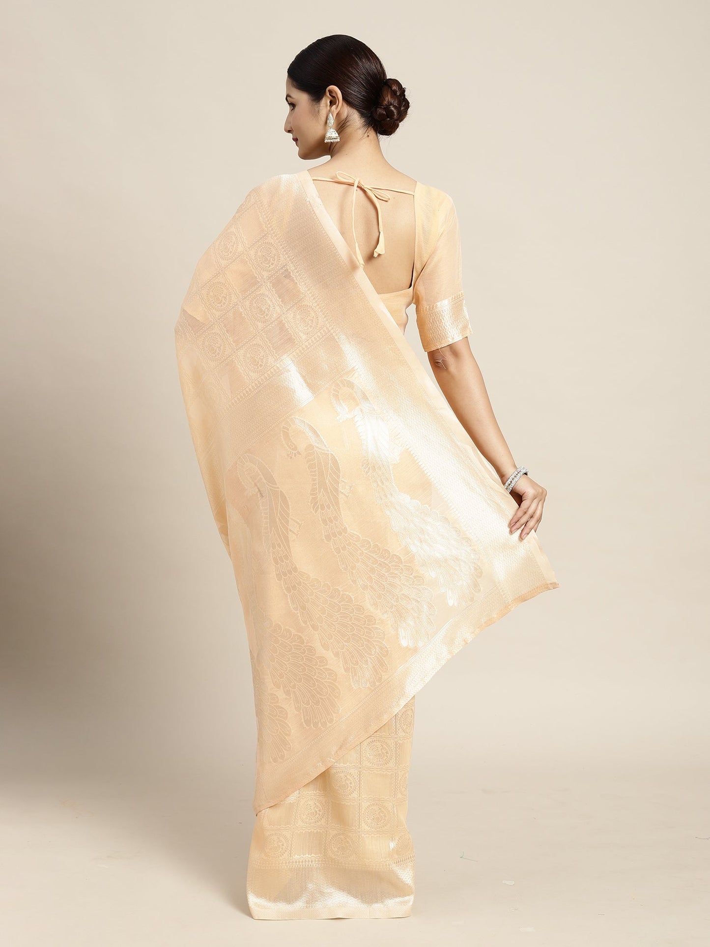 Women's Cotton Blend Peach Woven Design Designer Saree With Blouse Piece