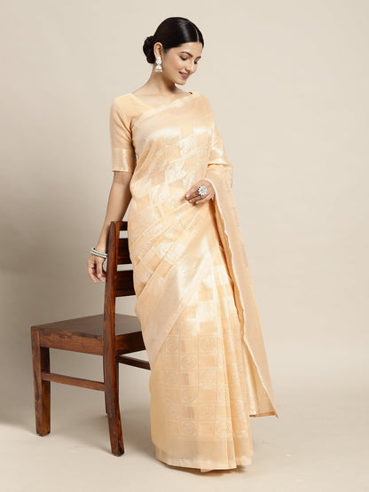 Women's Cotton Blend Peach Woven Design Designer Saree With Blouse Piece