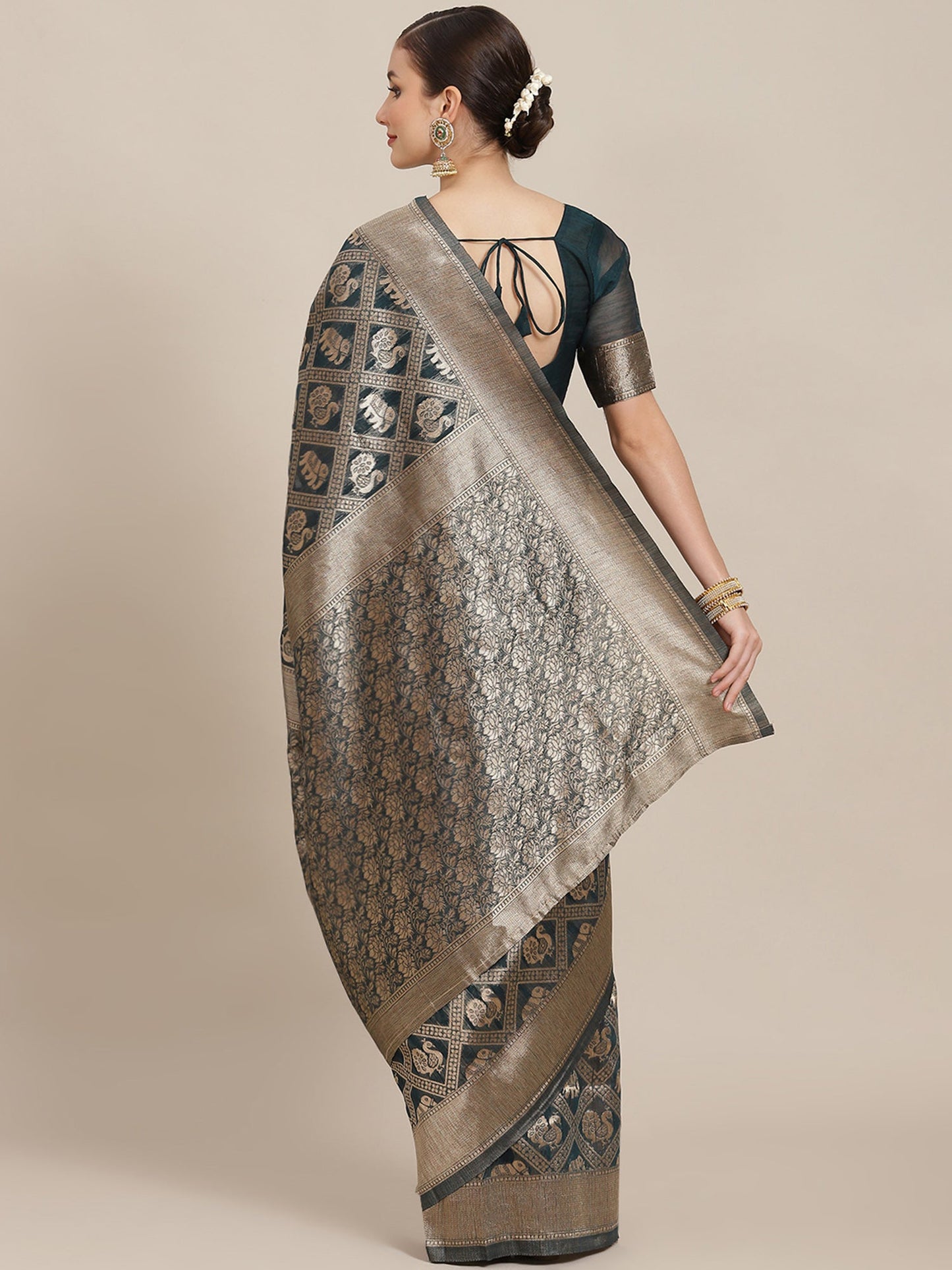 Women's Cotton Blend Teal blue Woven Design Designer Saree With Blouse Piece
