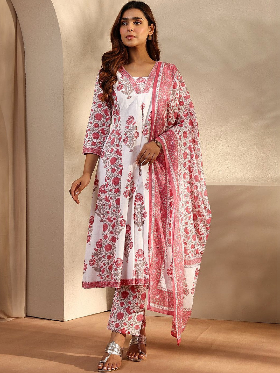 Pink Floral Printed Cotton A-Line Suit Set With Dupatta