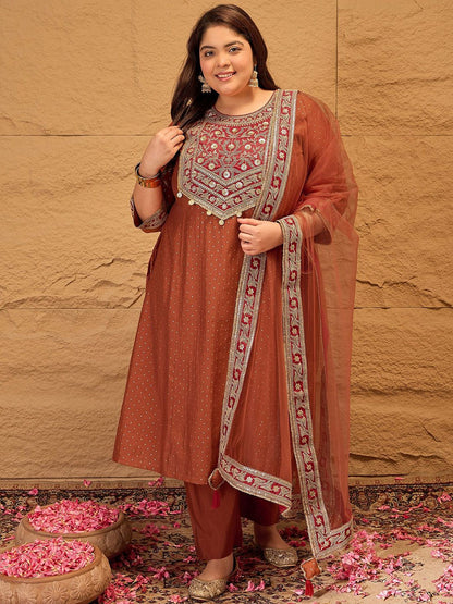 Dhiyona IN Plus Size Floral Yoke Design Sequinned Kurta With Trousers & Dupatta