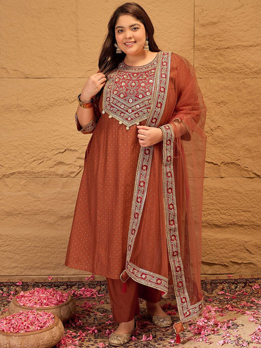 Dhiyona IN Plus Size Floral Yoke Design Sequinned Kurta With Trousers & Dupatta