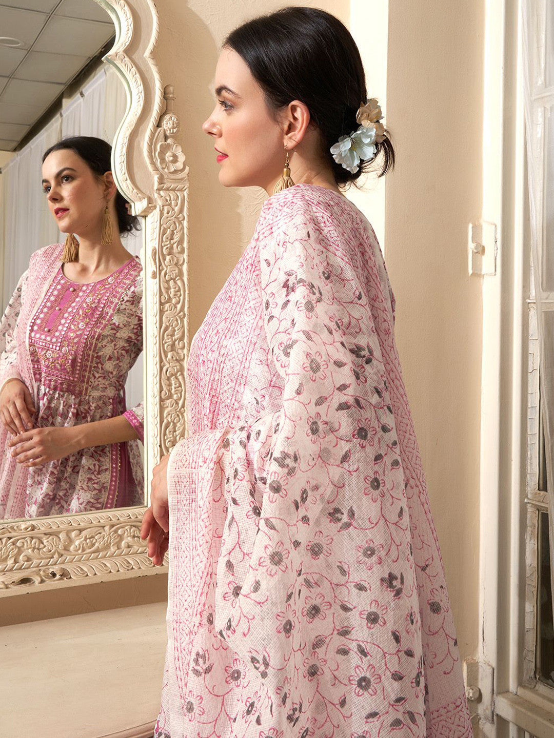 Mauve Floral Printed Mirror Work Pure Cotton Kurta With Trouser And Dupatta