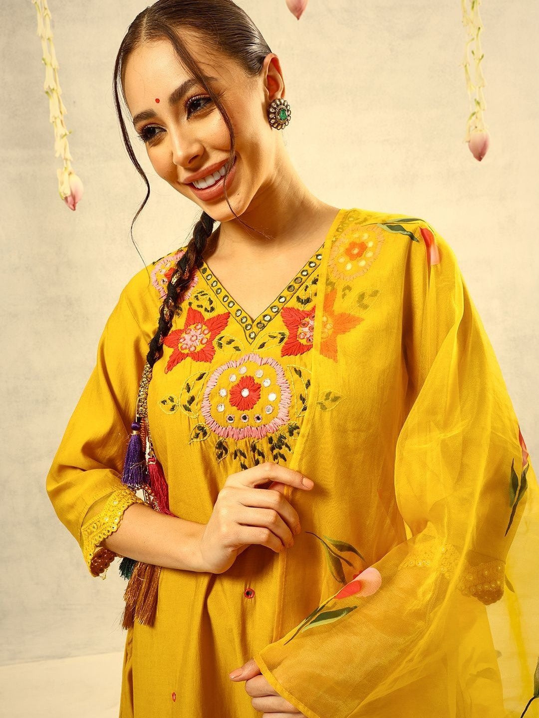 Embroidered V-Neck Kurta & Trousers With Dupatta