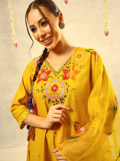 Embroidered V-Neck Kurta & Trousers With Dupatta