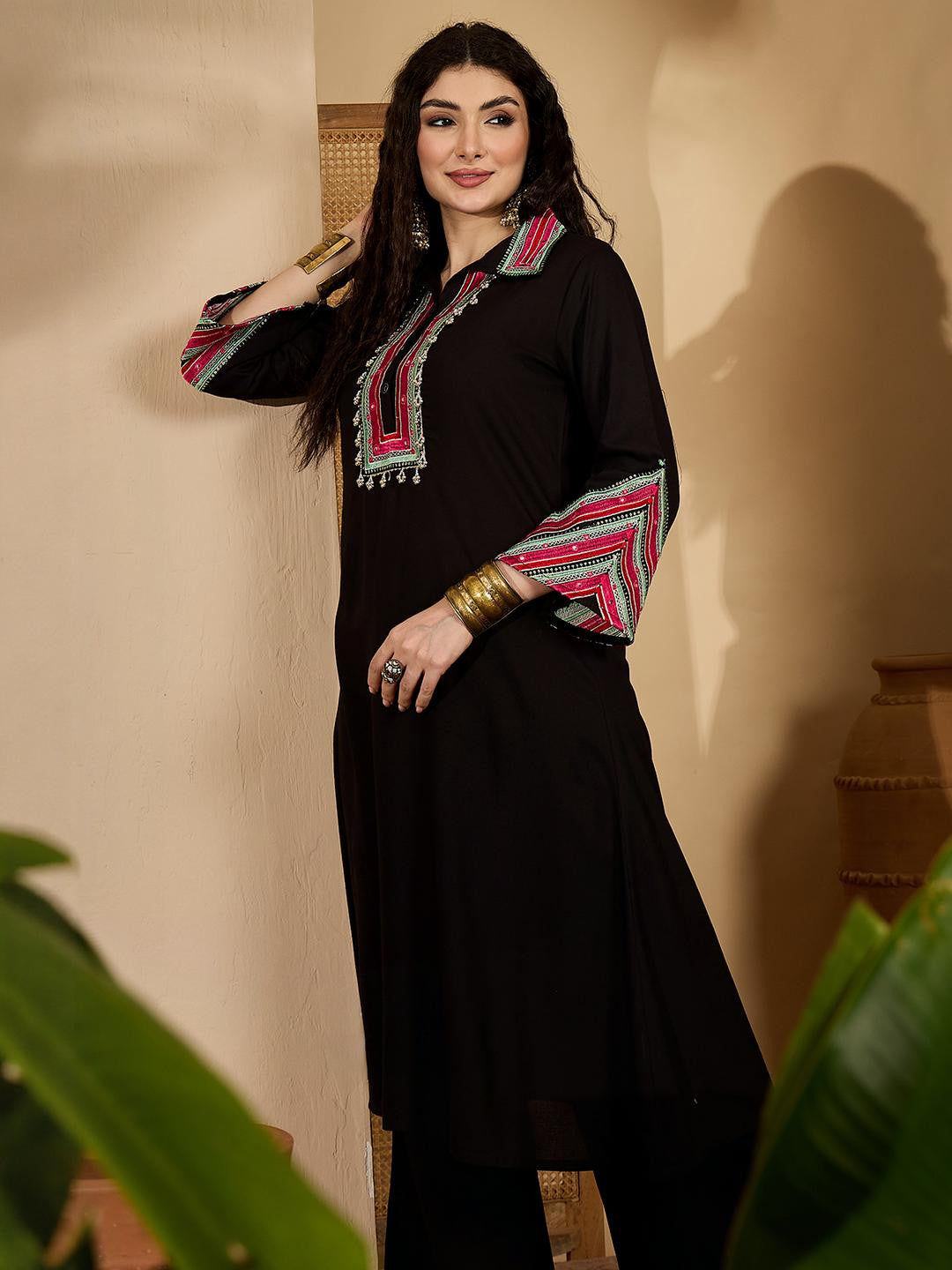 Women Black Embroidered Rayon A-Line Kurta Set