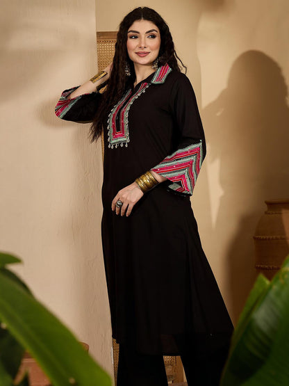 Women Black Embroidered Rayon A-Line Kurta Set