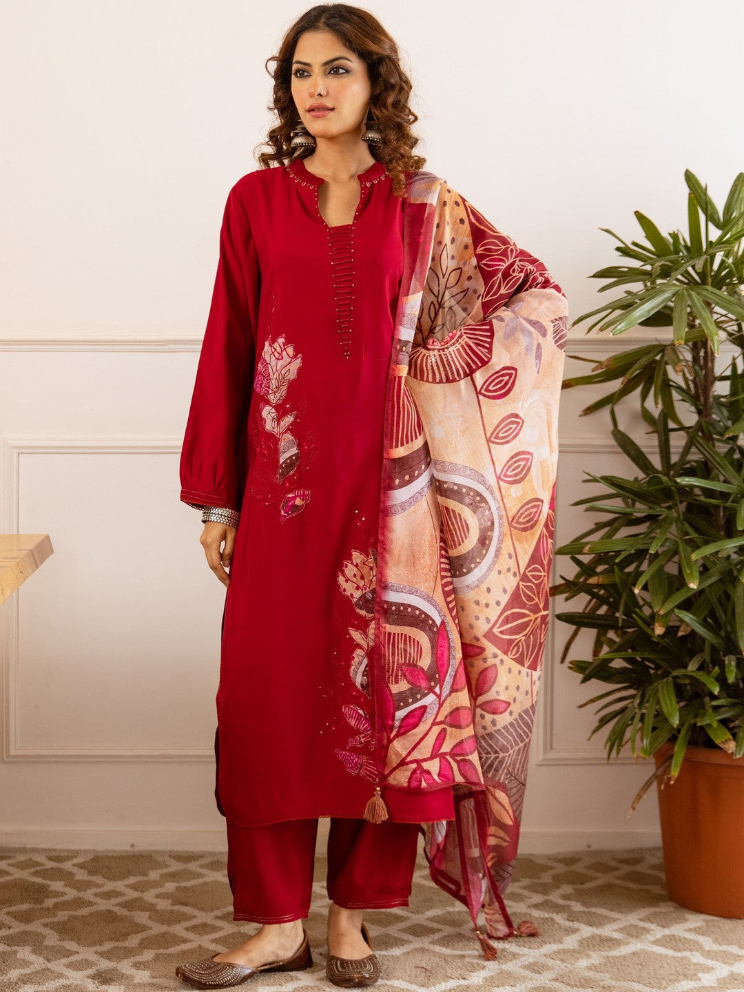 Embellished Straight Kurta With Trousers & Dupatta