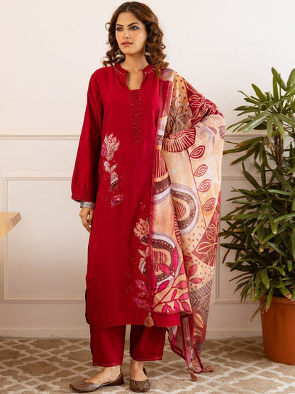 Embellished Straight Kurta With Trousers & Dupatta