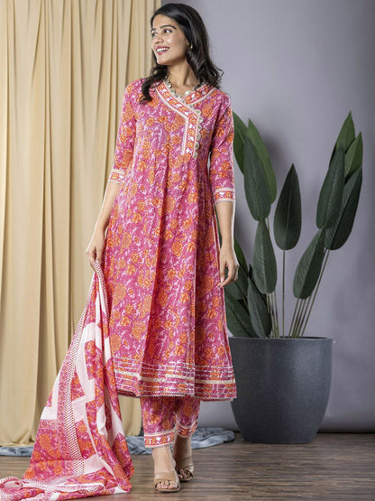 Dhiyona KL V-Neck Floral Printed Pure Cotton Anarkali Kurta with Trousers & Dupatta