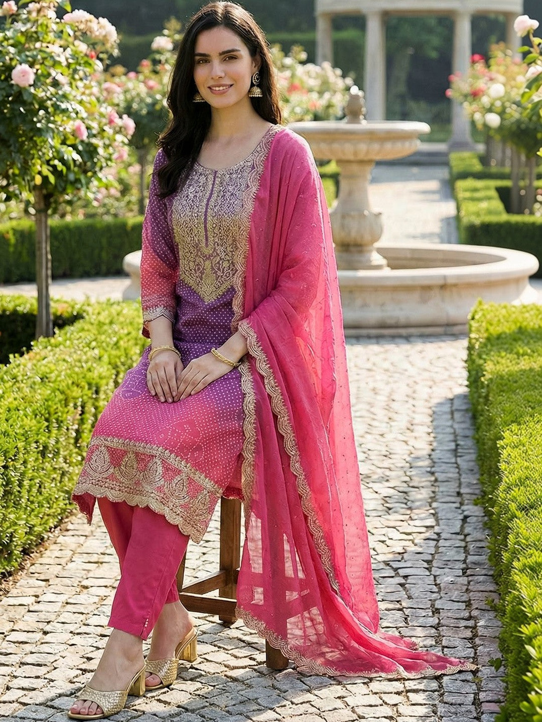 Women Ethnic Motifs Printed Regular Thread Work Kurta with Trousers & With Dupatta