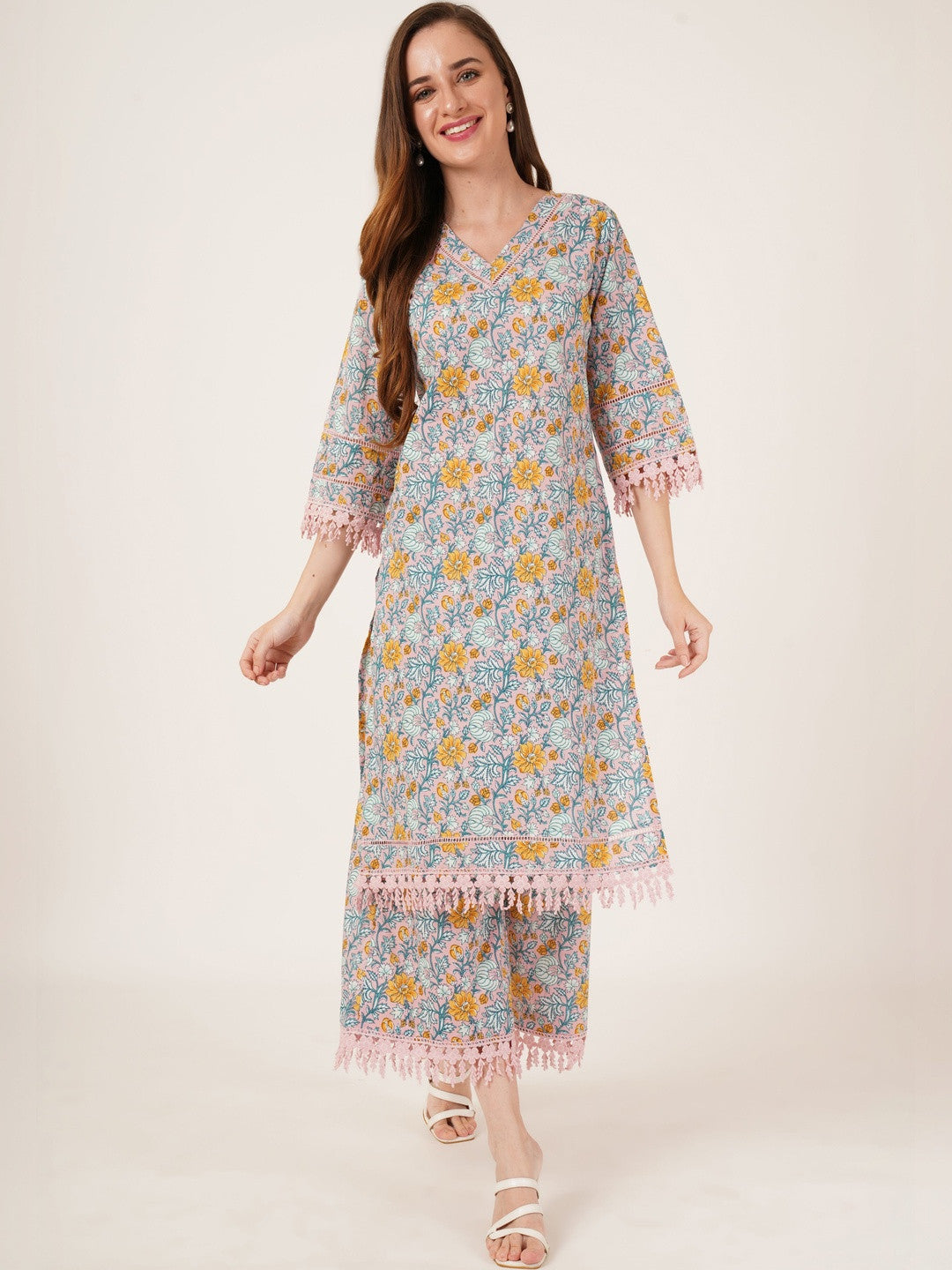Women Floral Printed Regular Pure Cotton Kurta with Palazzos