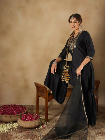 Women's Black Embroidered Straight Kurta Sharara With Dupatta Set