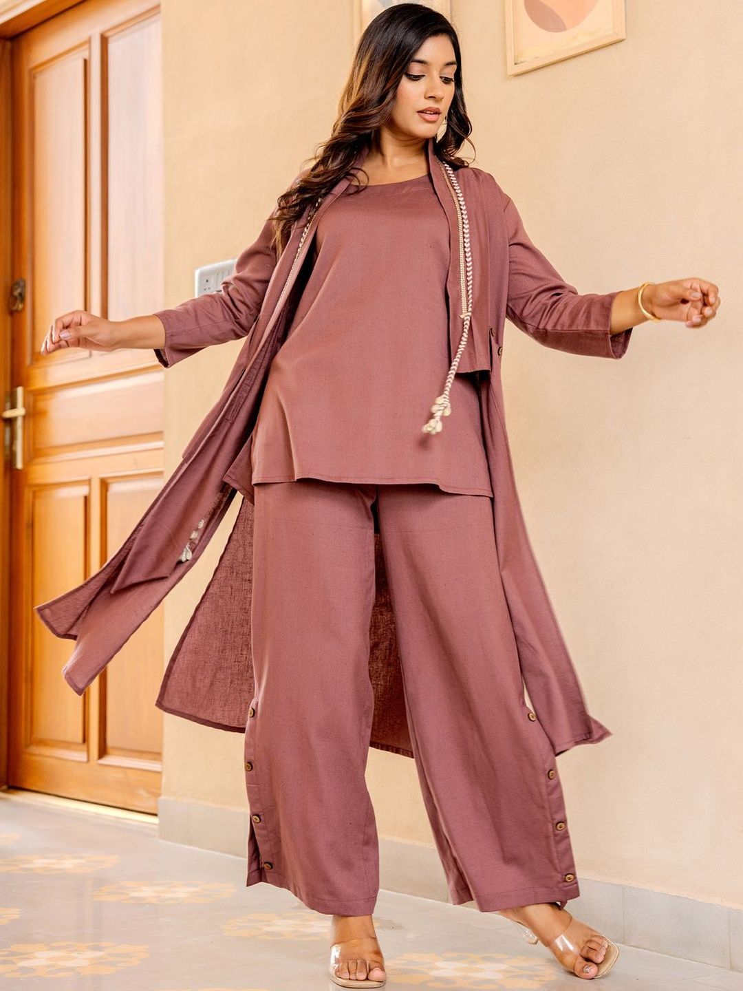 Women Solid Cotton Top with Palazzo & Jacket